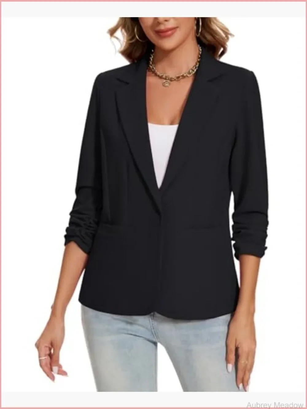 Ruched 3/4 Sleeve Notch Lapel Button Front Blazer Casual Work Office Suit